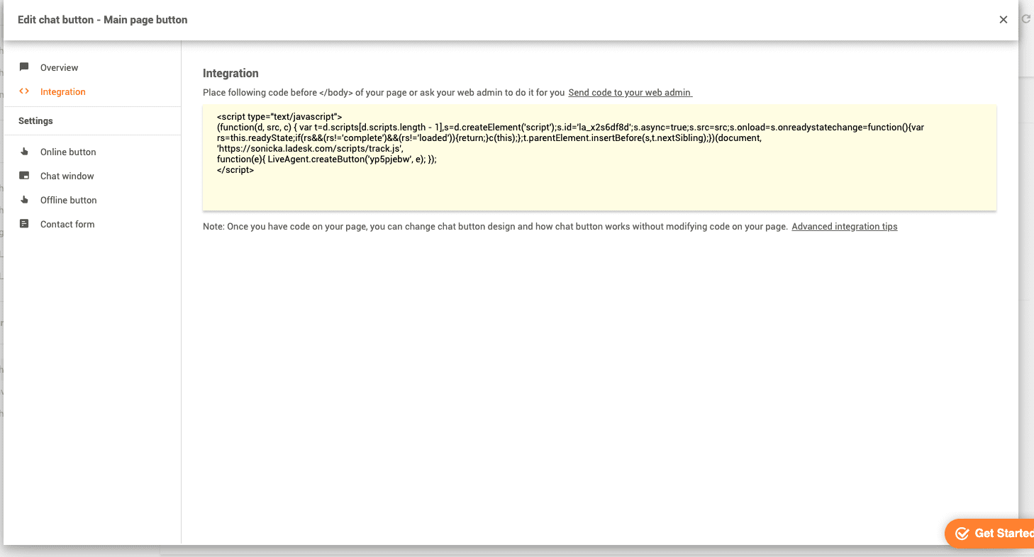 موقع رمز زر الدردشة في LiveAgent
