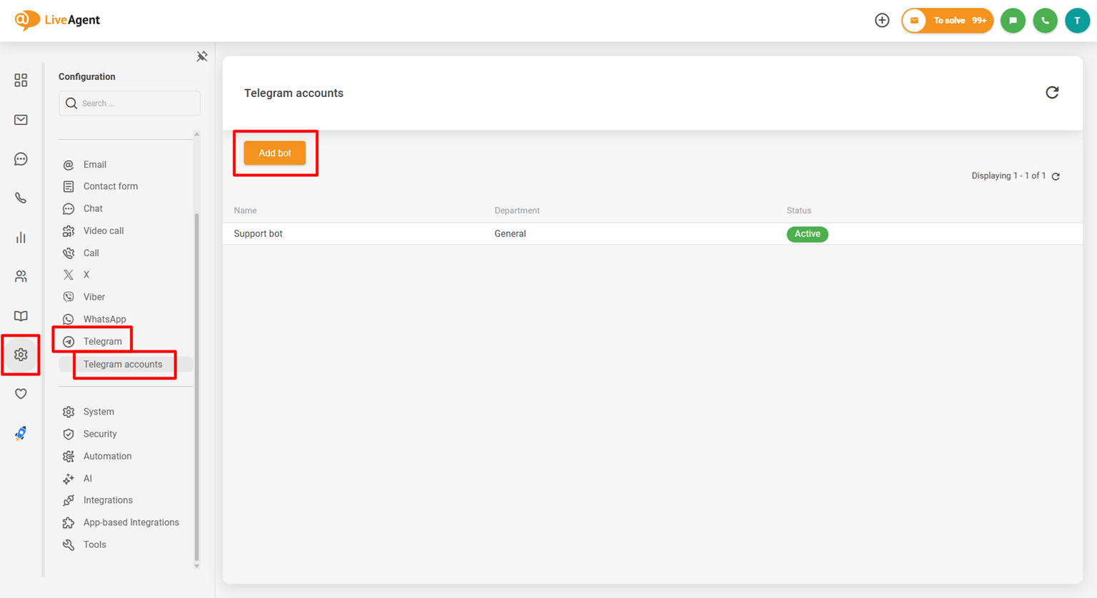 لقطة شاشة للوحة تكوين تكامل تيليجرام في LiveAgent تُظهر زر إضافة روبوت