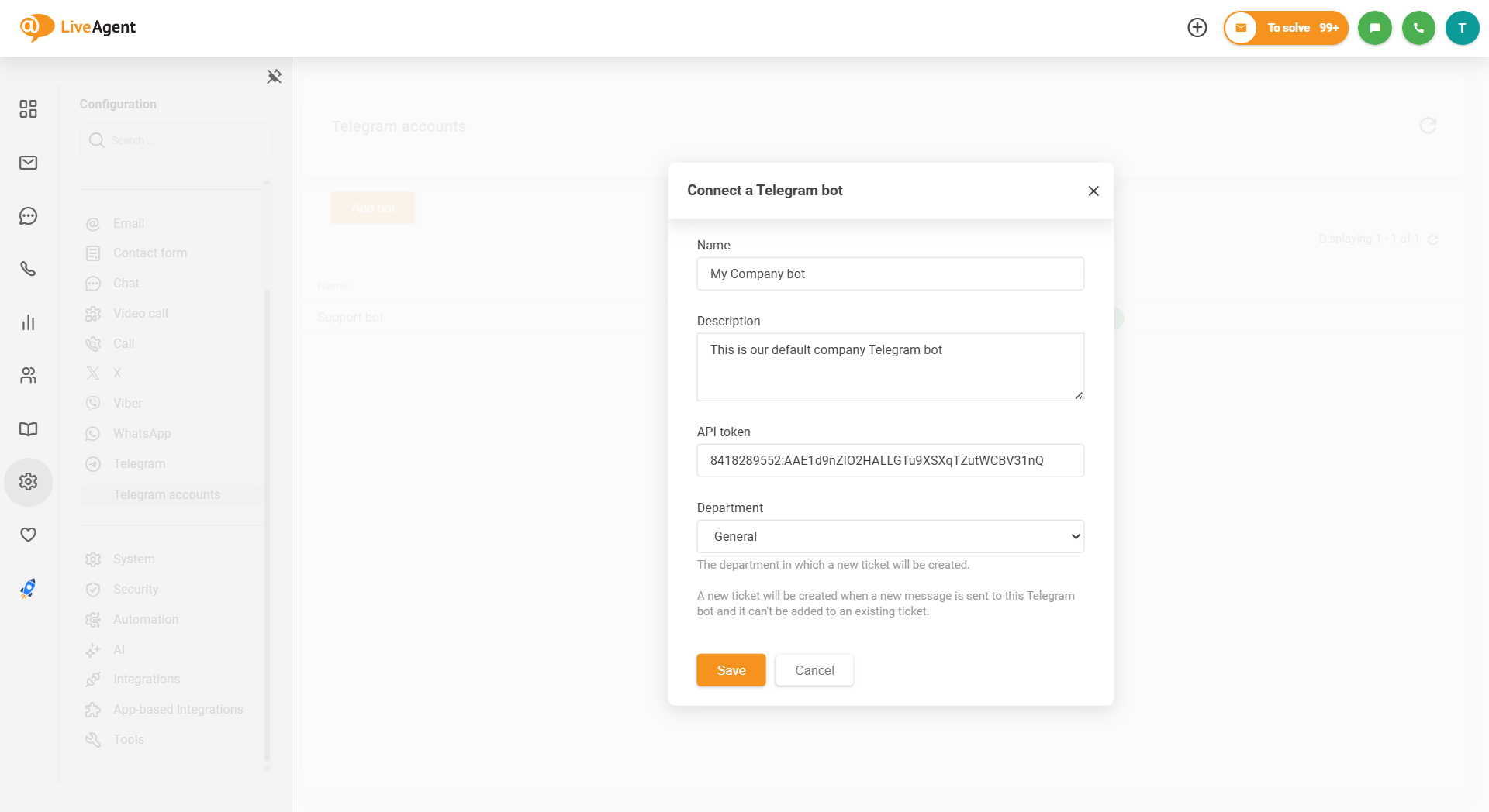 لقطة شاشة لتكامل تيليجرام في LiveAgent توضح كيفية ربط الروبوت