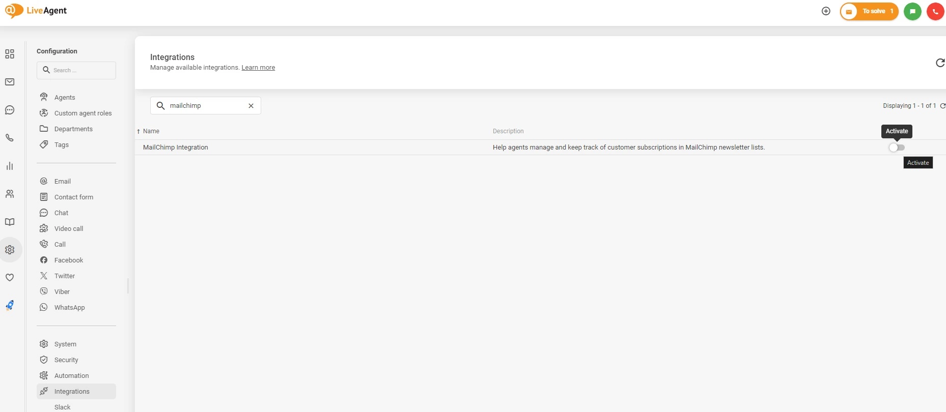 تفعيل تكامل Mailchimp في LiveAgent