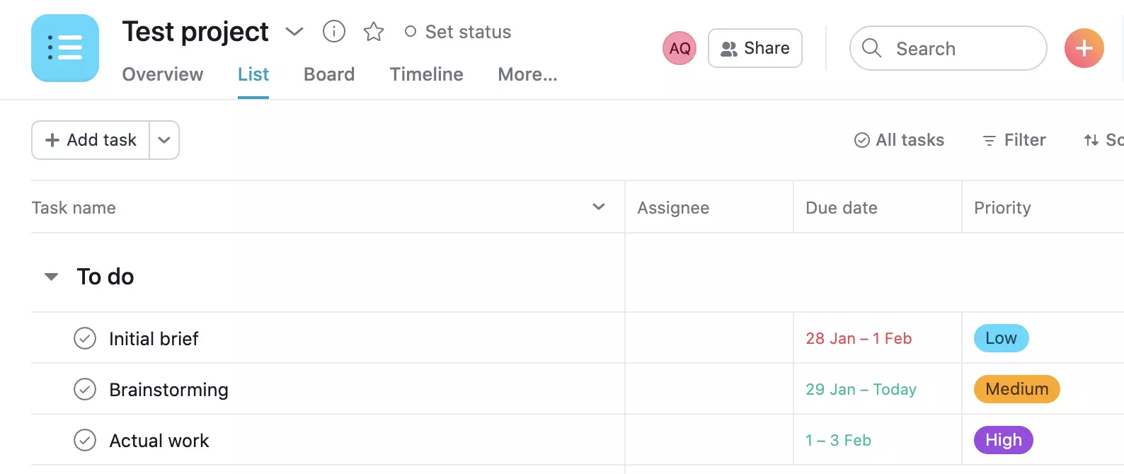مثال على مشروع Asana