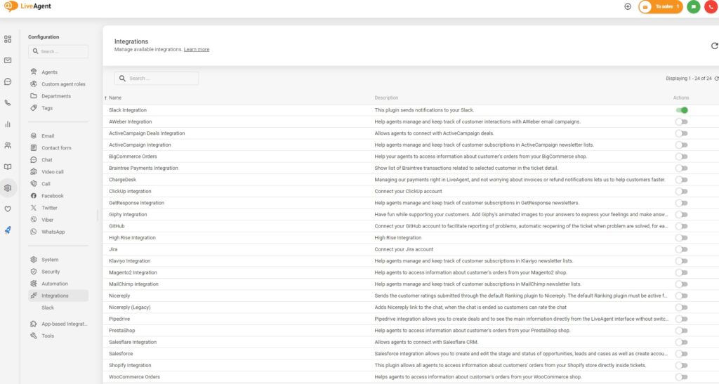 تفعيل التكاملات في LiveAgent