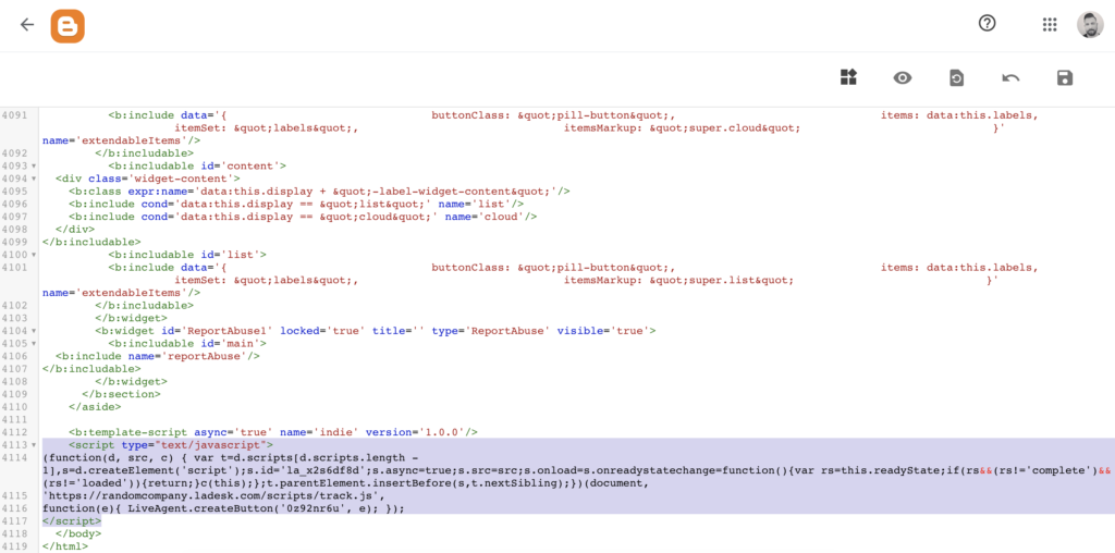 رمز Blogger مع إدراج رمز زر الدردشة