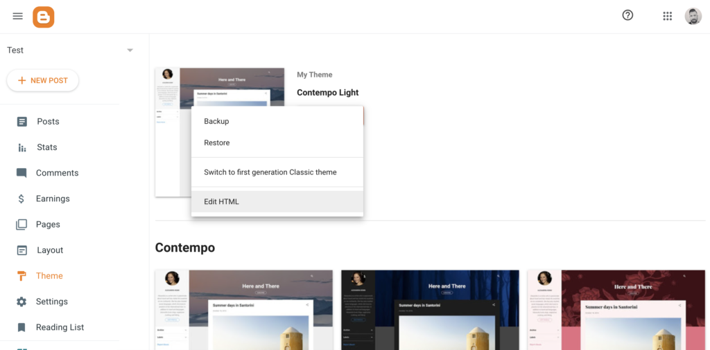 خيار Edit HTML في إعدادات Blogger Theme