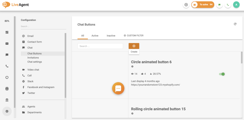 إعدادات زر الدردشة في تكوين LiveAgent