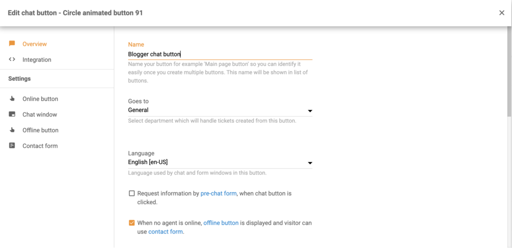 تكوين زر الدردشة من LiveAgent مع خيارات متعددة