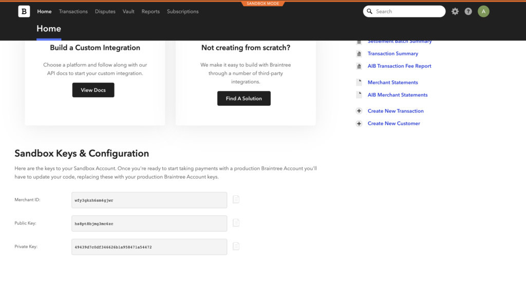 المفاتيح والإعدادات في Braintree