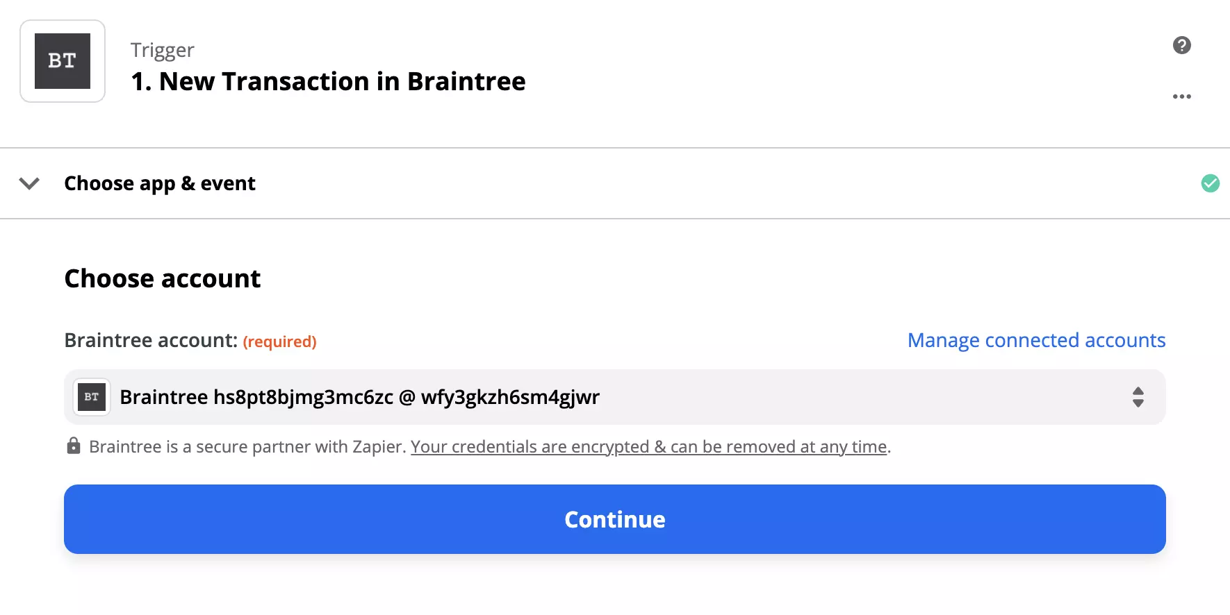 إعدادات محفز Braintree على Zapier