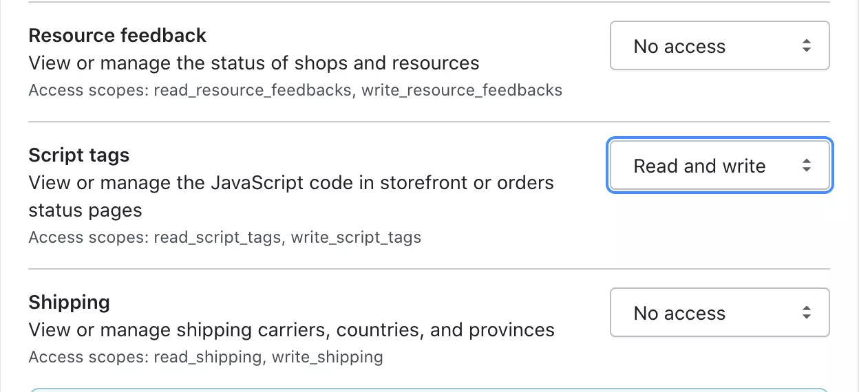تغيير أذونات Script tags إلى القراءة والكتابة في Shopify