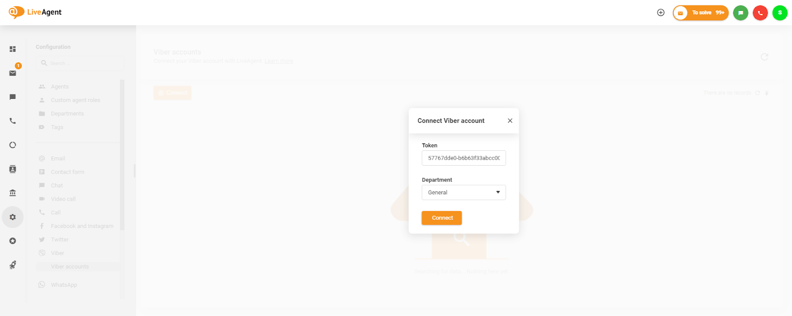 وضع الرمز المميز في نافذة Connect Viber account