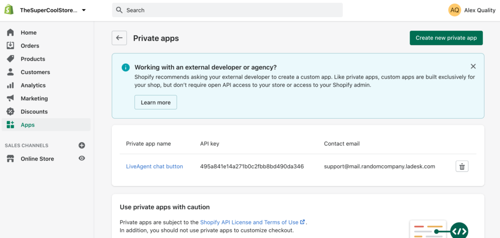 إنشاء تطبيق خاص جديد في Shopify لإنشاء تكامل مع LiveAgent