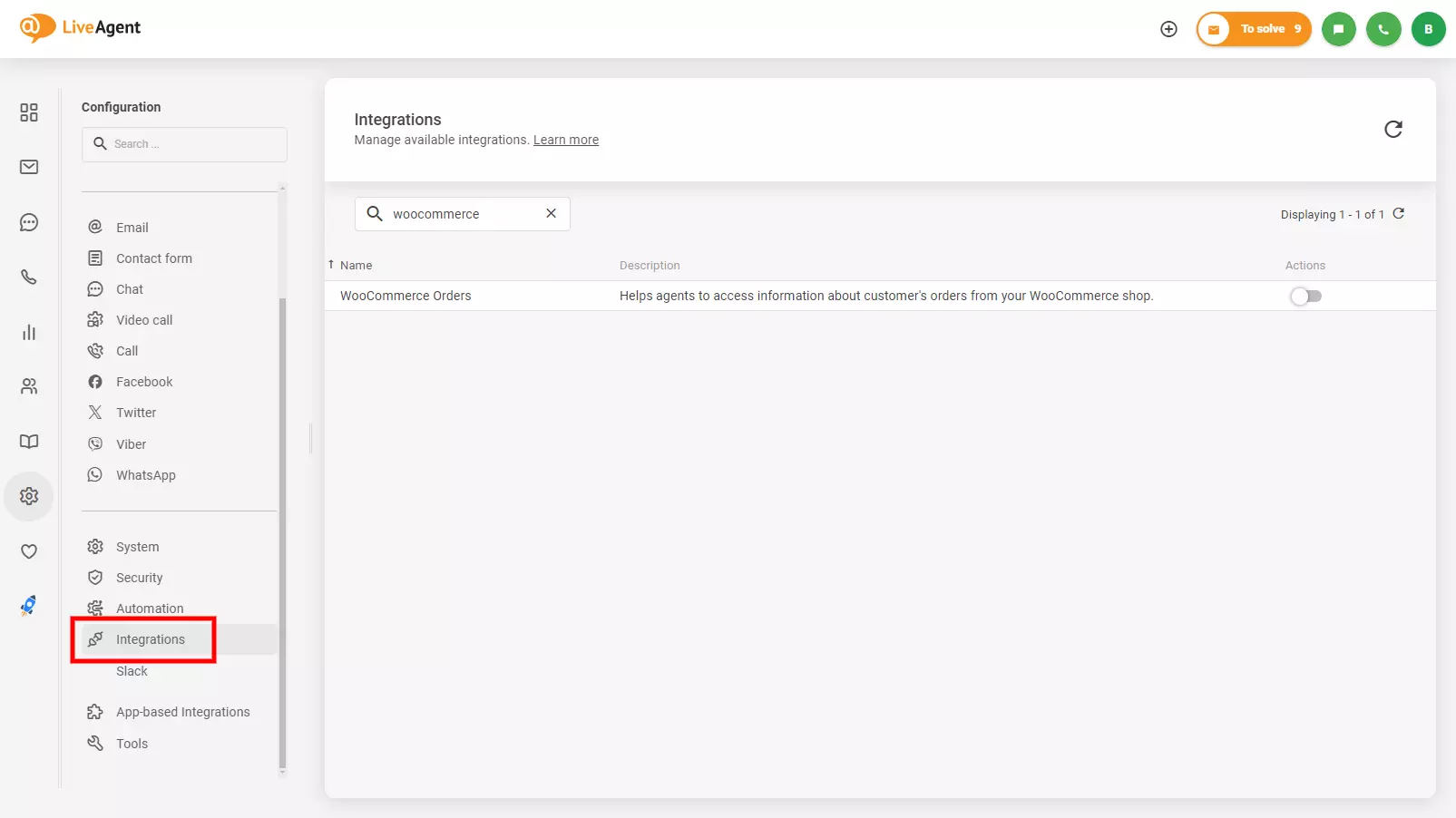 صورة توضح مكان العثور على تكامل Woocommerce في LiveAgent