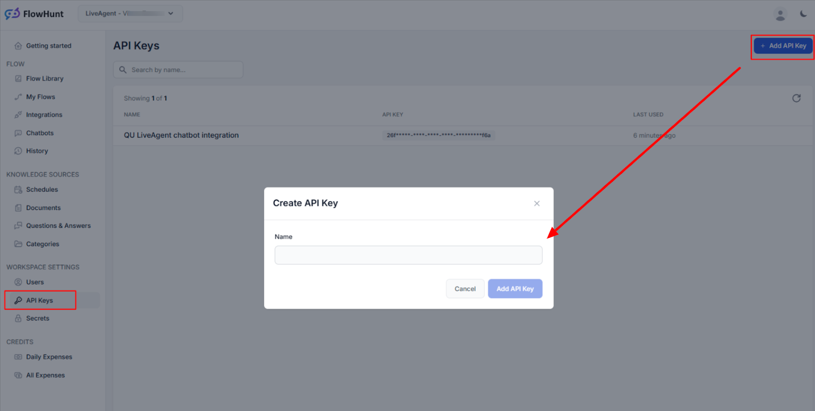 إنشاء مفتاح API لدمج مساحة عمل فلوهانت مع لايف إيجنت
