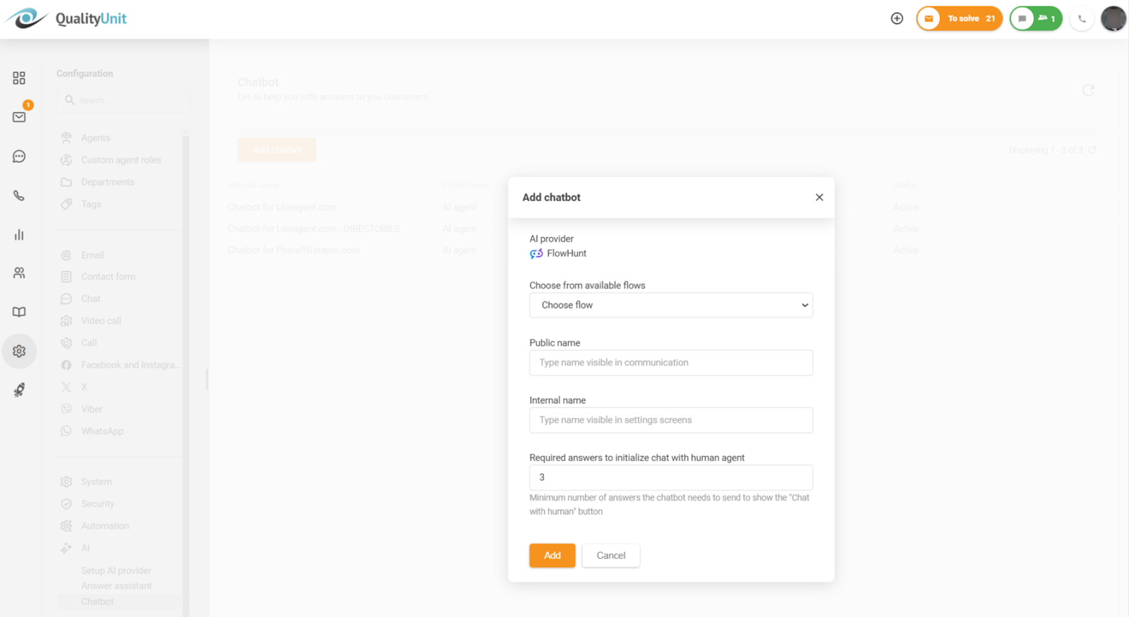 تكوين الحد الأدنى للإجابات المطلوبة قبل تفعيل خيار الدردشة مع وكيل بشري
