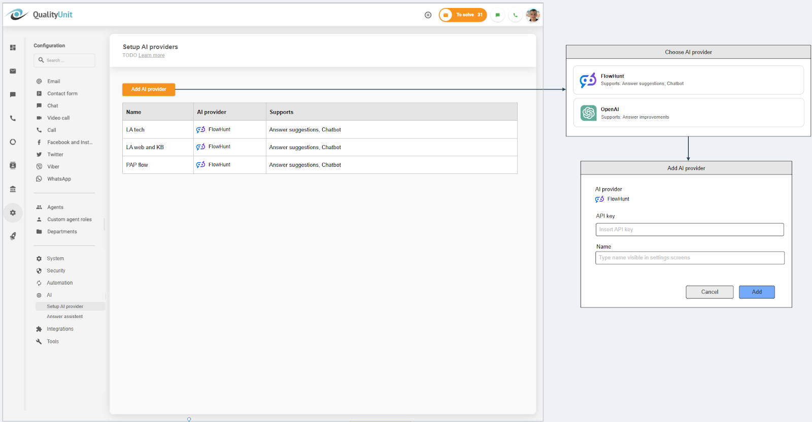 ربط مزود الذكاء الاصطناعي في لايف إيجنت