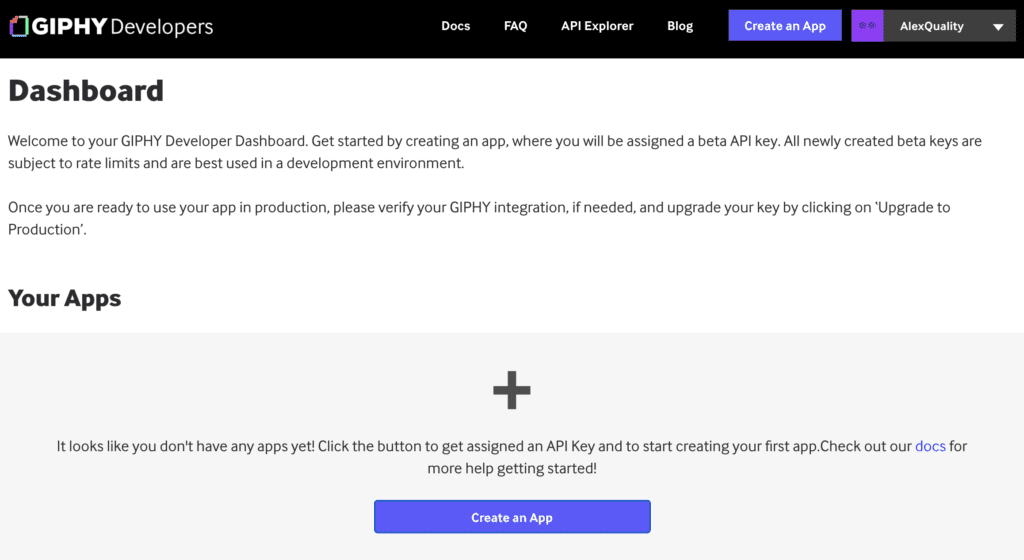 لوحة معلومات Giphy مع خيار إنشاء التطبيق لإنشاء مفتاح API