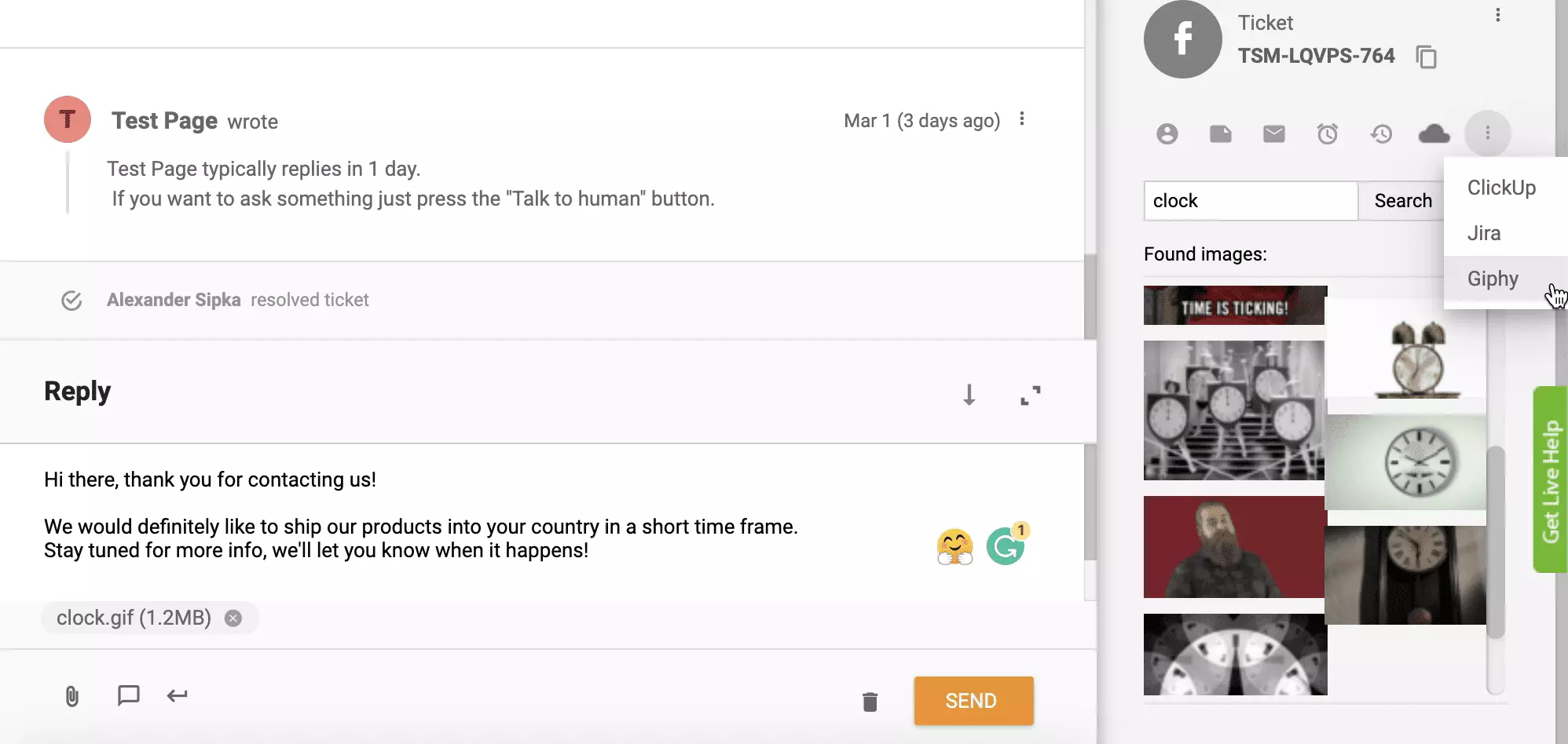 تكامل Giphy مفعل وعامل في نظام تذاكر LiveAgent