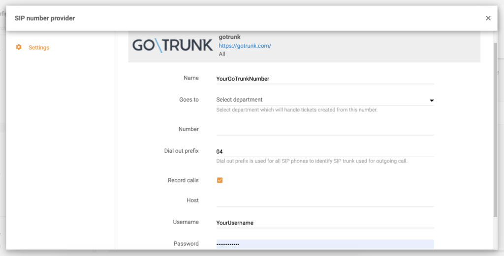 تكوين GoTrunk النهائي في LiveAgent