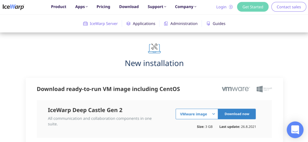 موقع IceWarp مع قسم التثبيت وروابط التنزيل