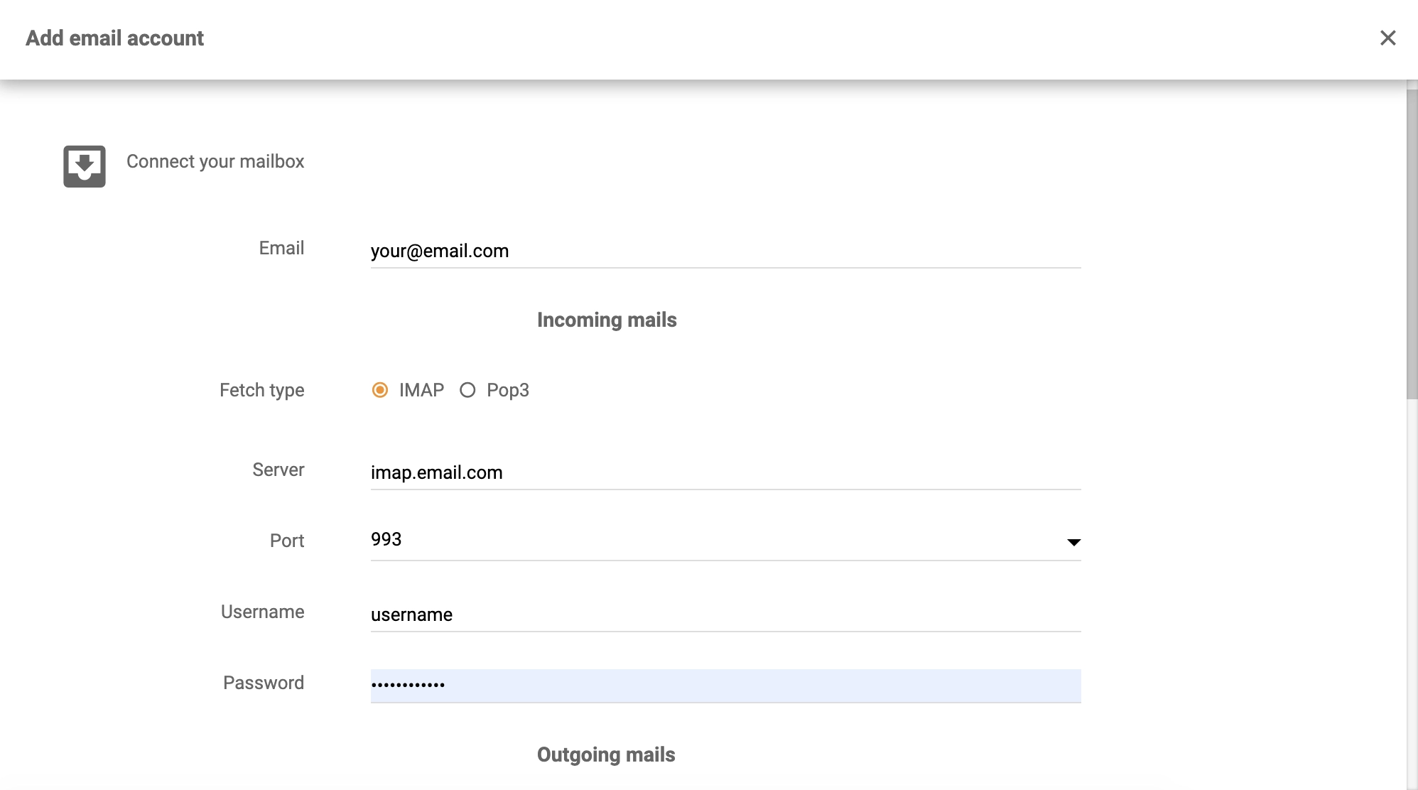 تفاصيل Dovecot في تكوين تكامل LiveAgent