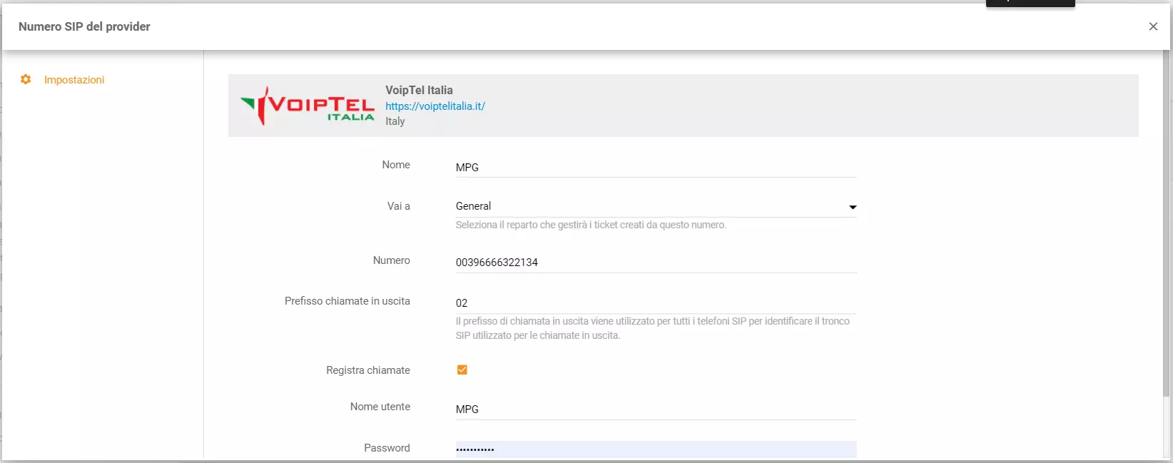 بيانات اعتماد VoipTel Italia