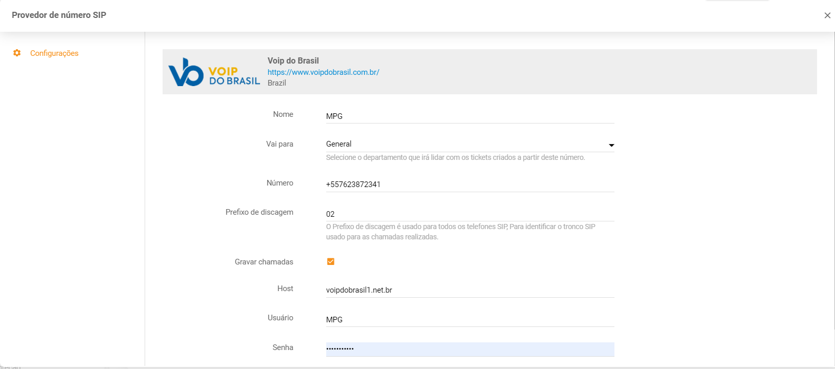 إدراج بيانات اعتماد Voip do Brasil