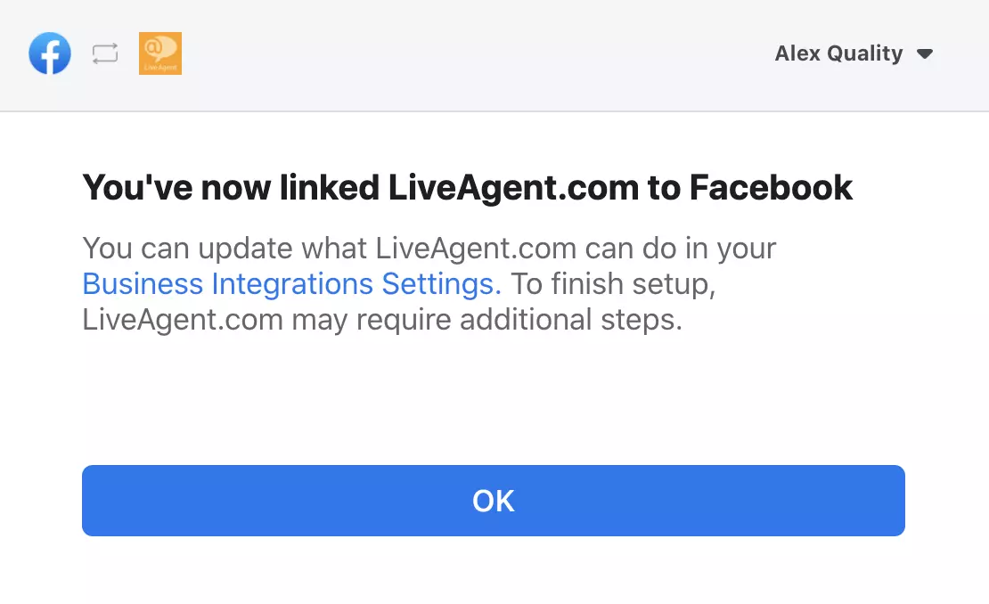 نافذة منبثقة تؤكد نجاح التكامل بين فيسبوك وLiveAgent