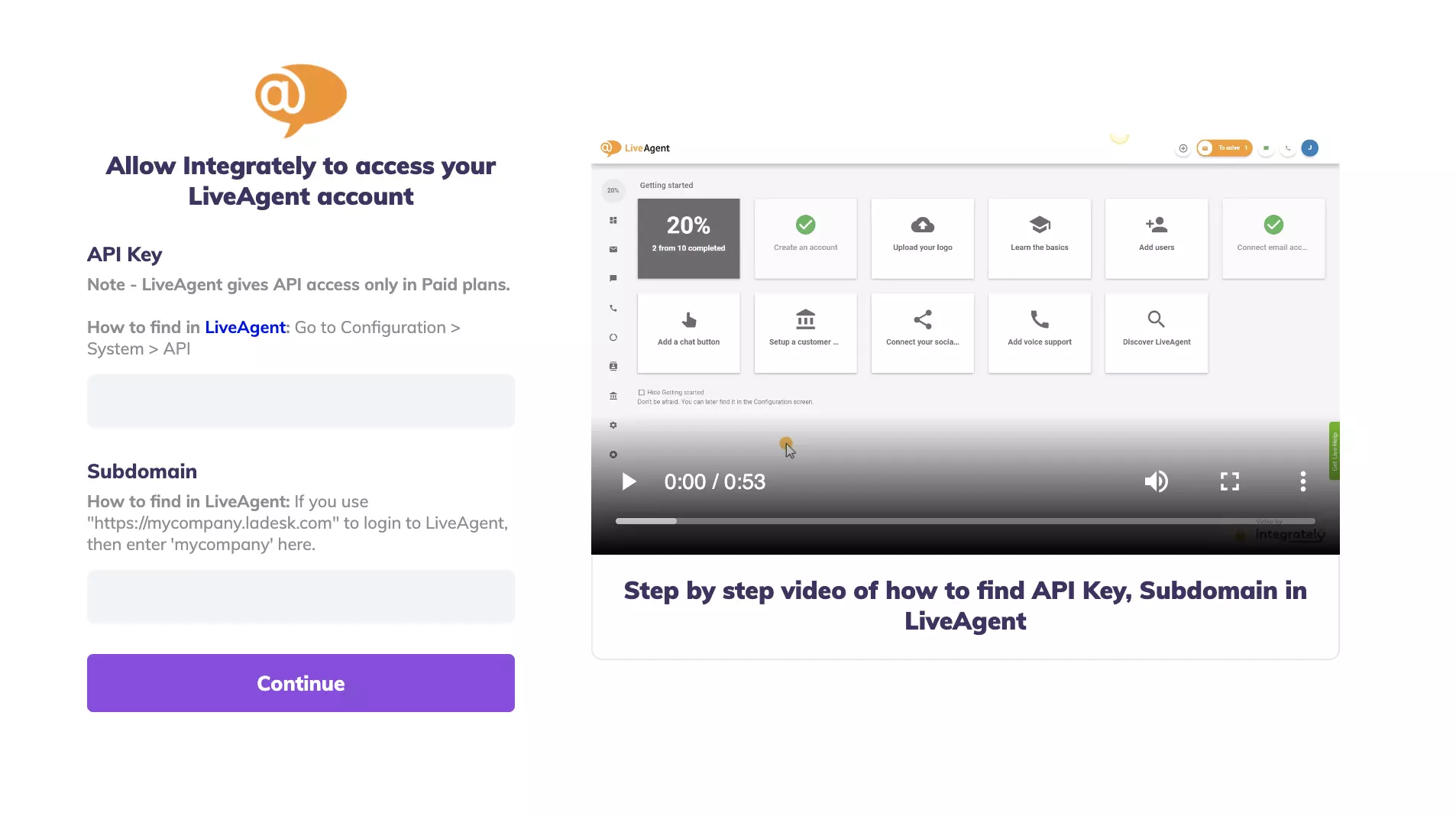 حقول مفتاح API والنطاق الفرعي في اختبار تكامل Integrately