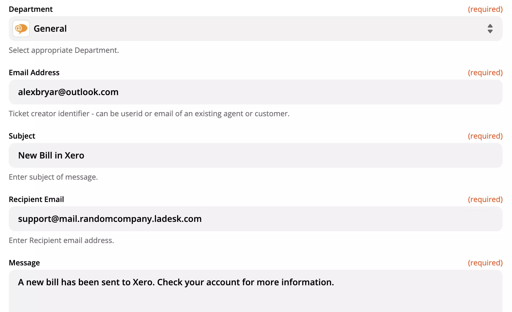 خيارات تكوين إجراء LiveAgent على موقع Zapier