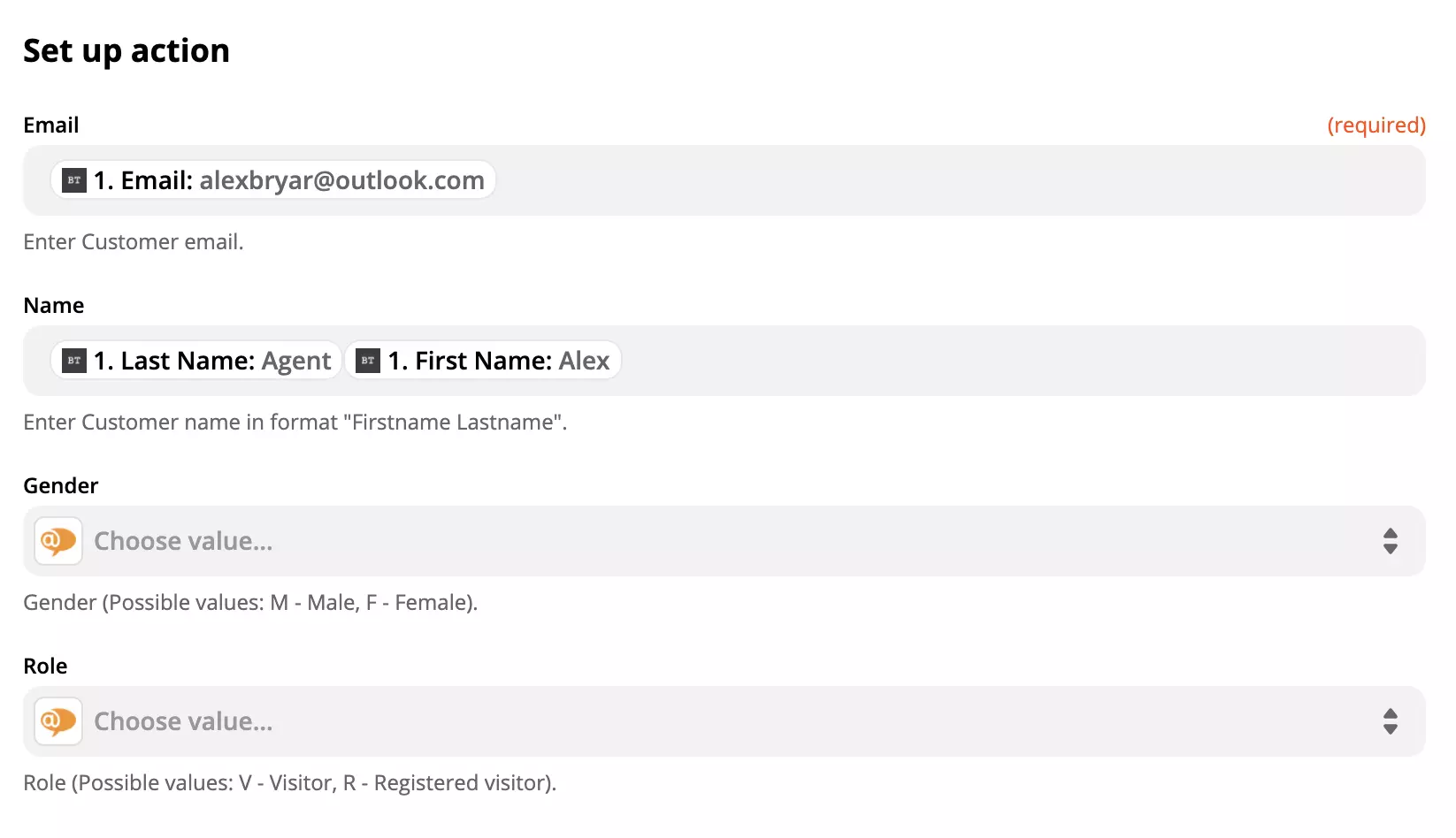 إعدادات إجراء LiveAgent مع البيانات في الحقول على Zapier