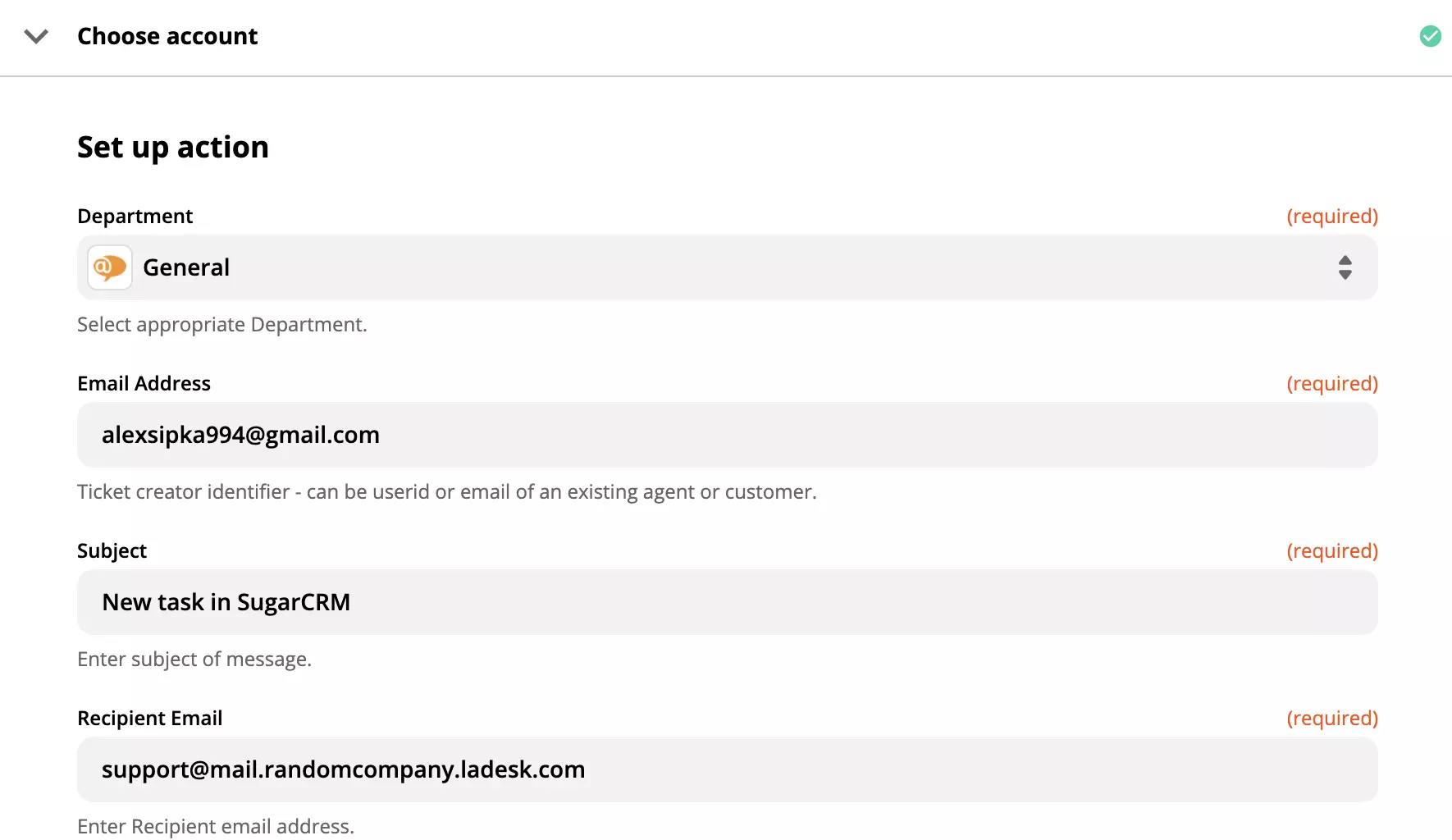 إعداد إجراء LiveAgent مع الحقول المطلوبة