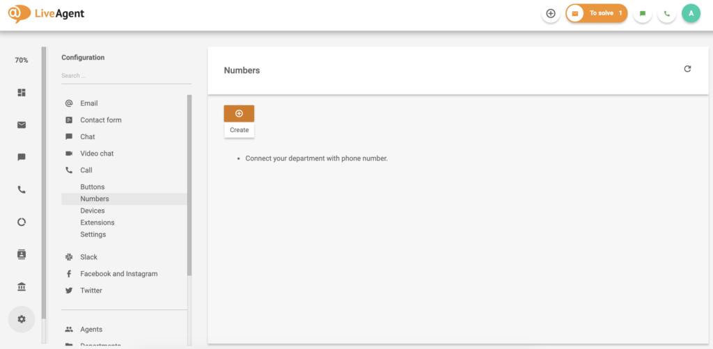 شاشة رقم الاتصال في LiveAgent مع خيار إنشاء رقم جديد