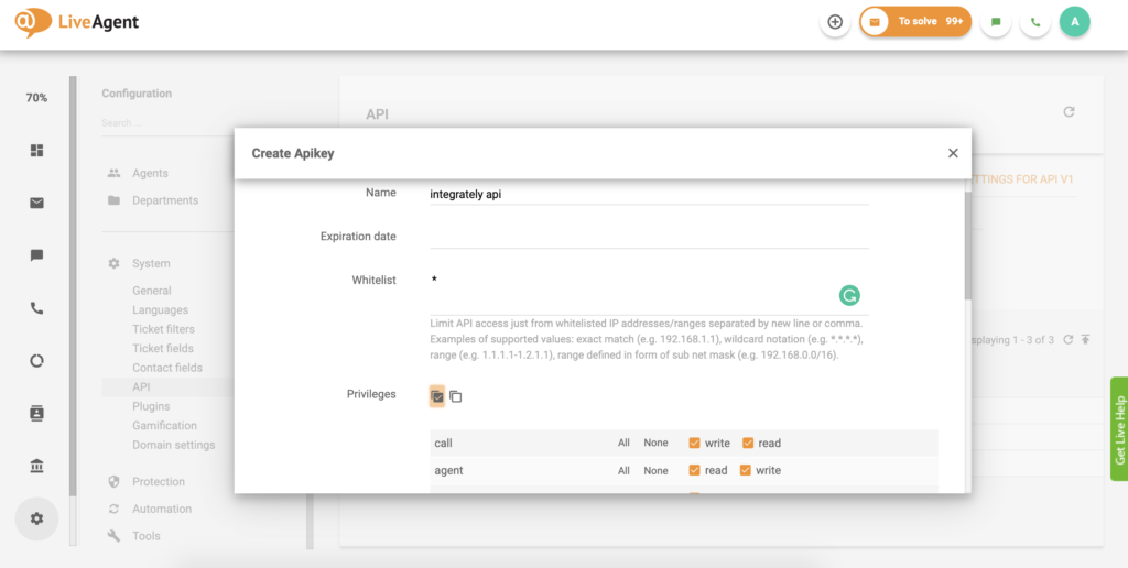 إعداد مفتاح API في LiveAgent