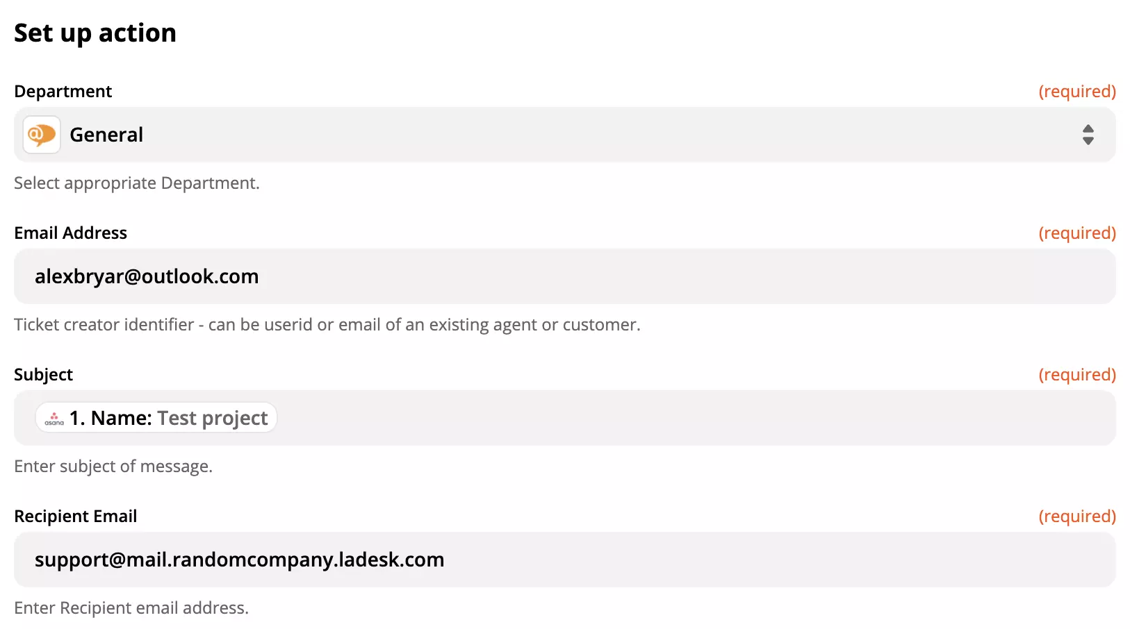إعداد إجراء LiveAgent في تكامل Asana على Zapier