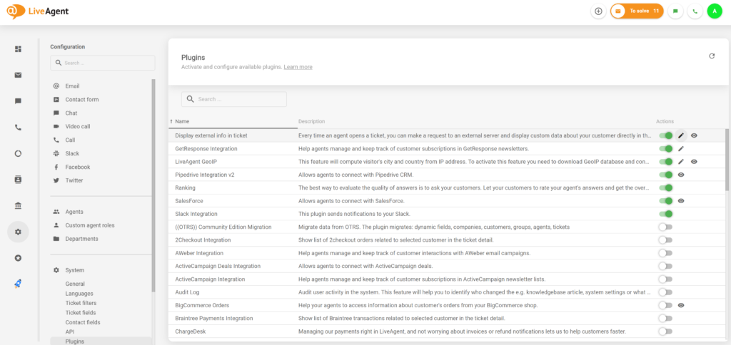 إضافة المعلومات الخارجية النشطة في تكوين LiveAgent