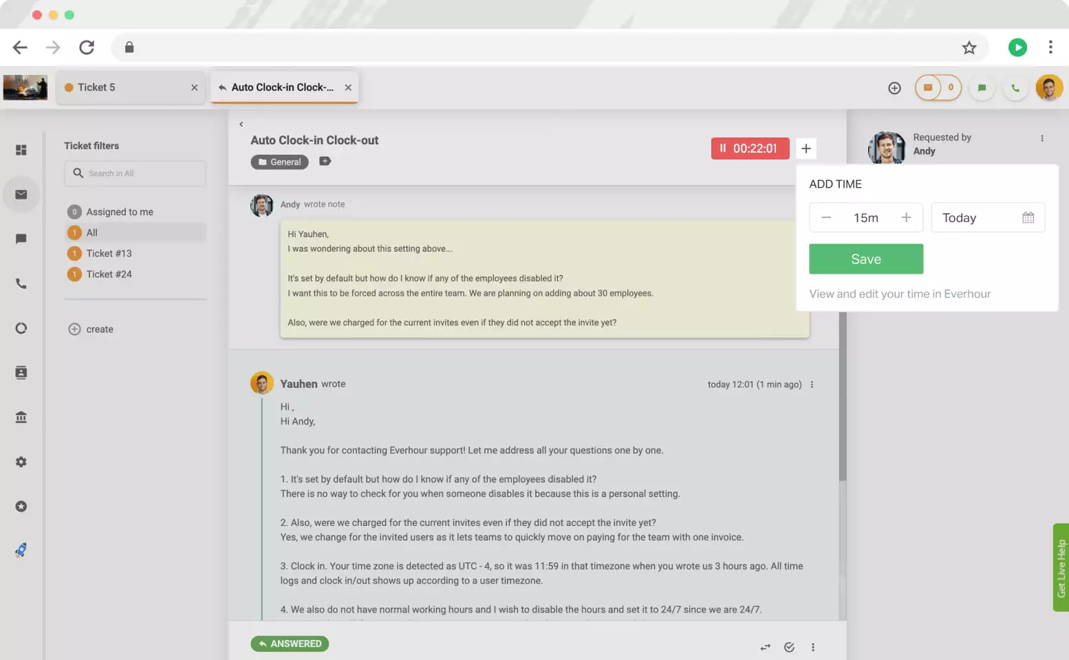 عناصر تحكم Everhour في LiveAgent