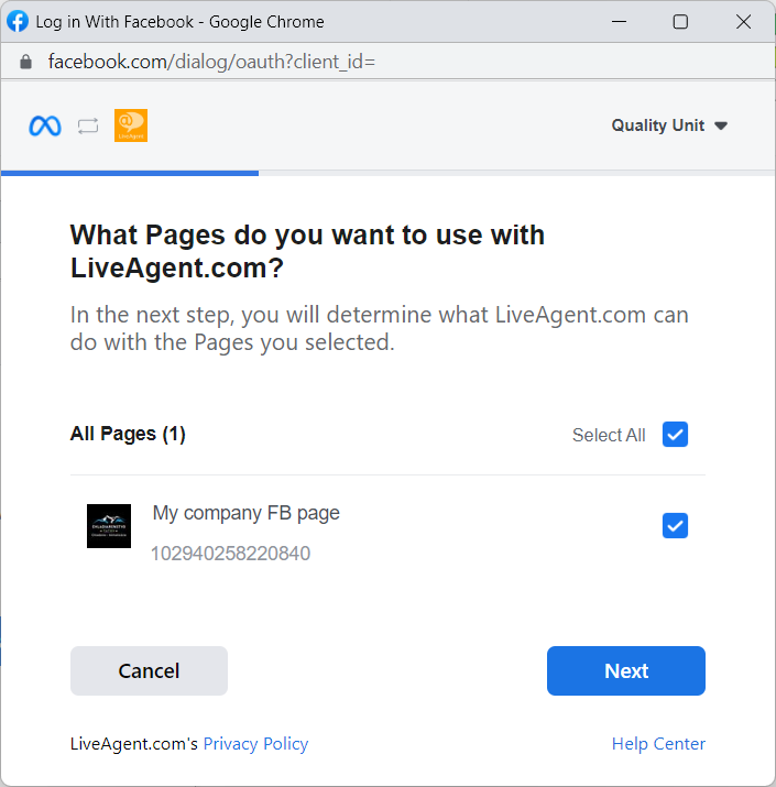 نافذة منبثقة تسمح لك باختيار صفحات فيسبوك التي تريد دمجها مع LiveAgent
