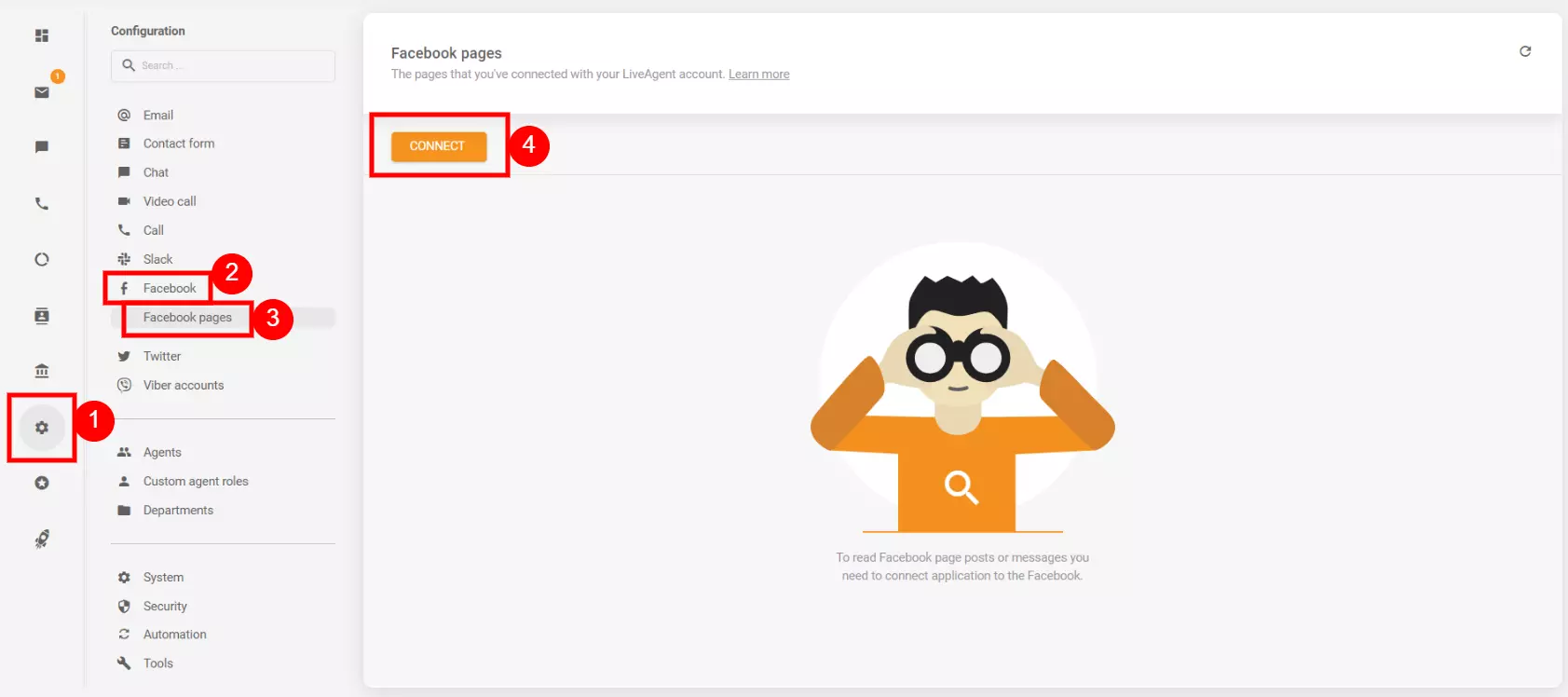 إعدادات التكوين لربط حساب فيسبوك الخاص بك مع LiveAgent