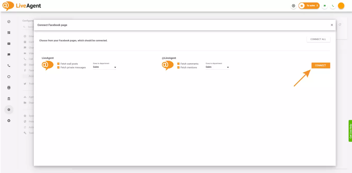 تحديد المربعات في الإعدادات التي تسمح لـ LiveAgent بجلب التعليقات والإشارات