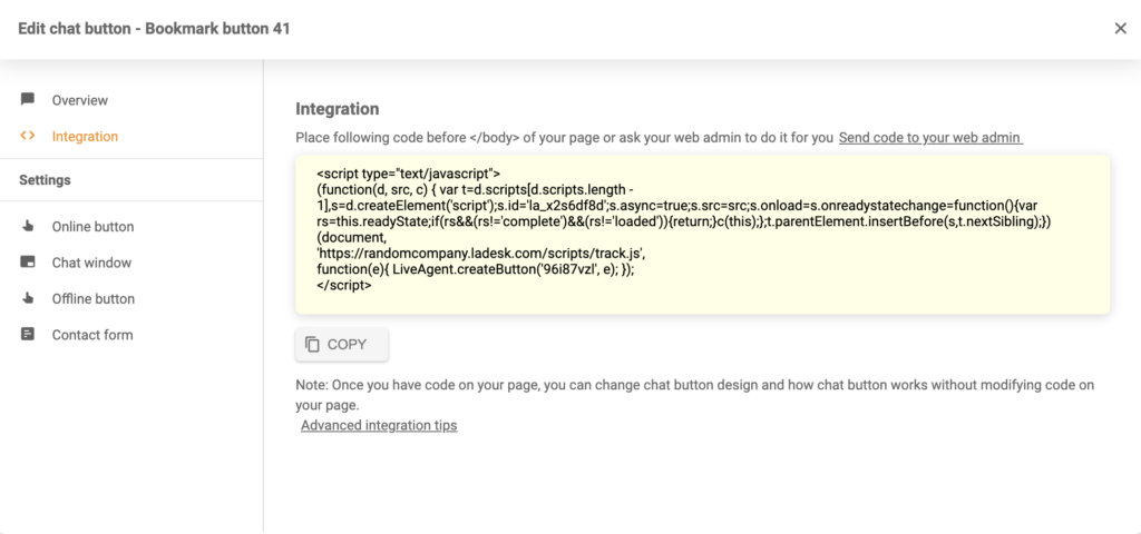 كود تكامل زر الدردشة المُنشأ في LiveAgent