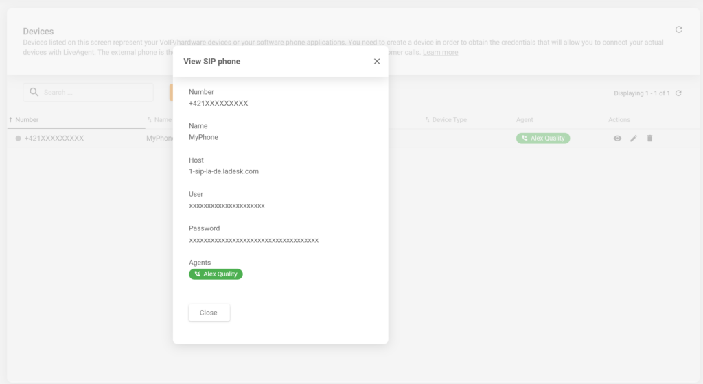 تفاصيل هاتف SIP تم إنشاؤه حديثًا في تكوين LiveAgent