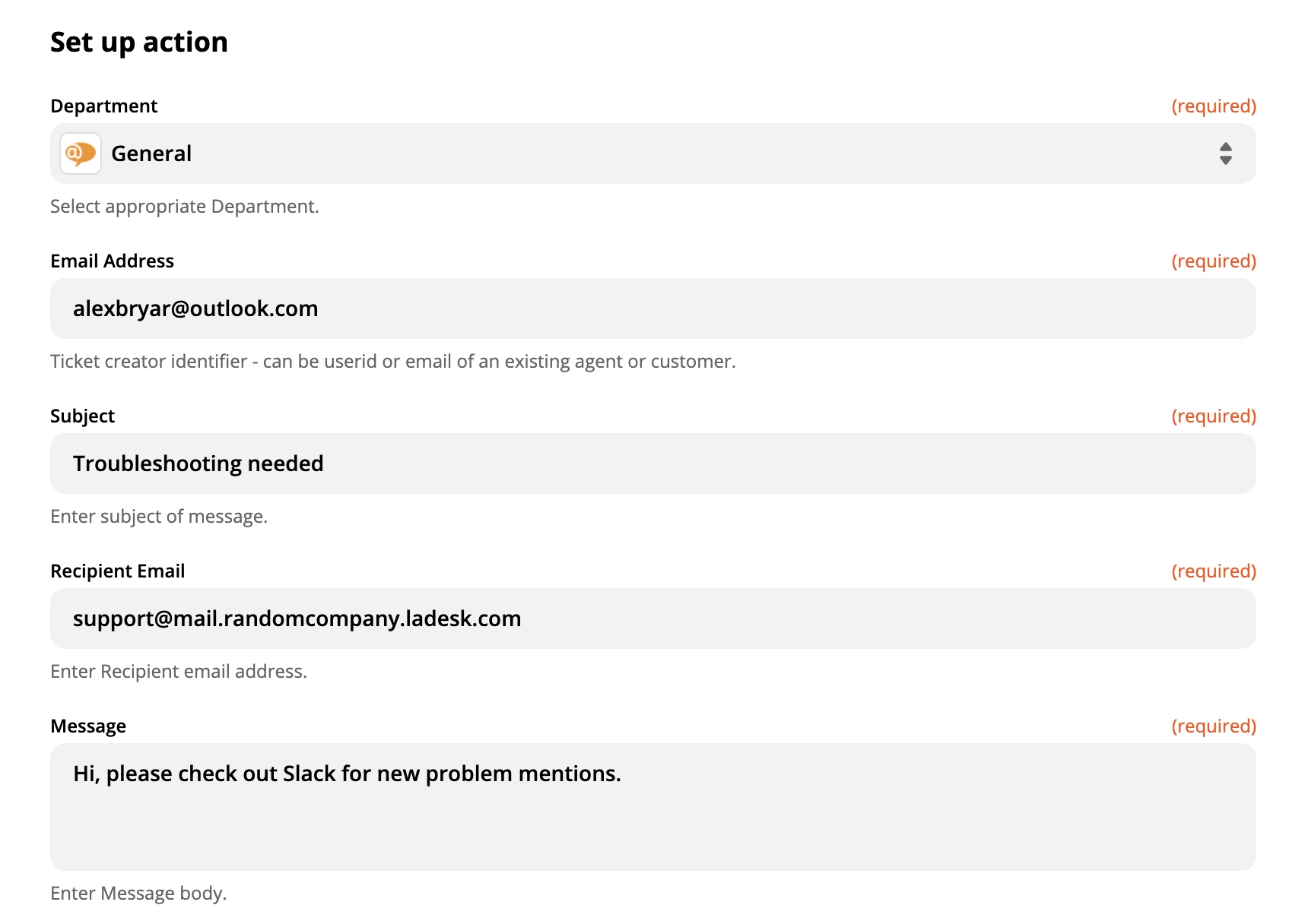 عرض إعداد إجراء LiveAgent على Zapier
