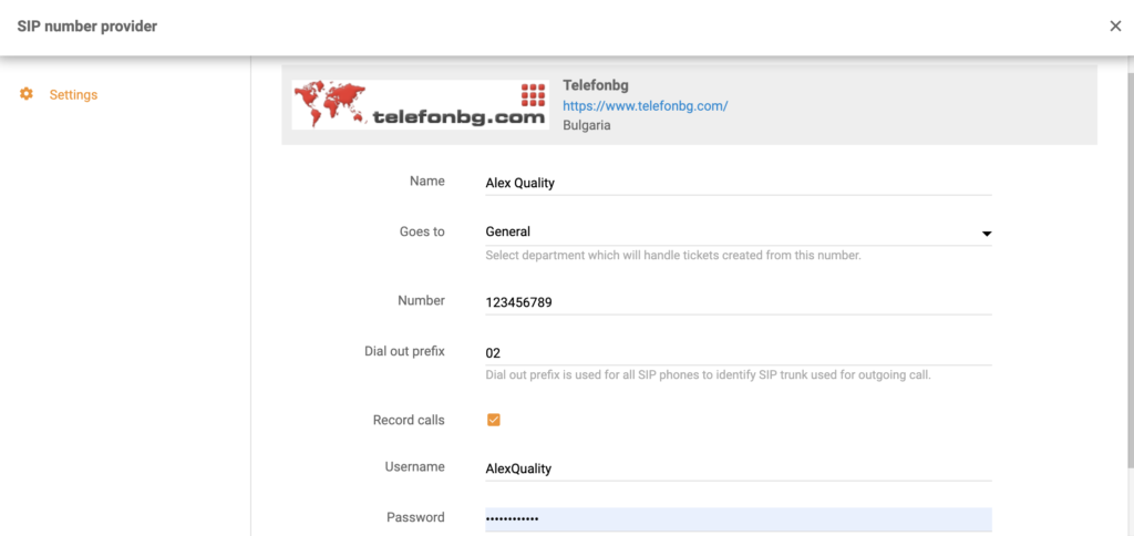 إعداد TelefonBG عند إضافة رقم مركز اتصالات جديد في LiveAgent