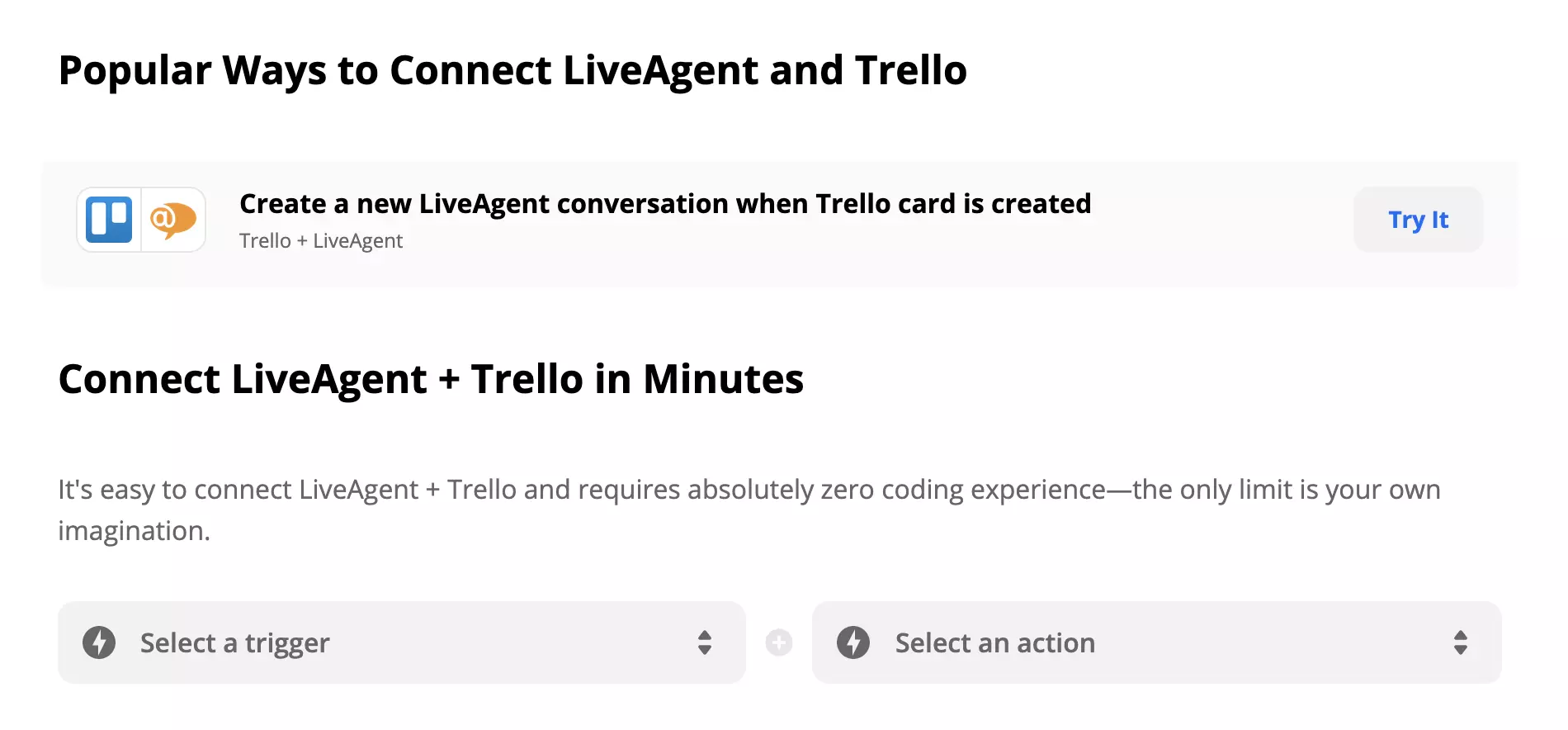 تكامل LiveAgent و Trello على Zapier مع اختيار المحفز والإجراء