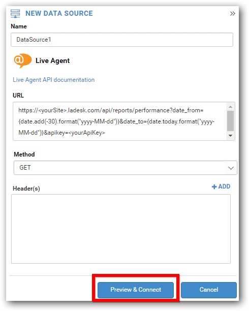 زر المعاينة والاتصال في Bold BI