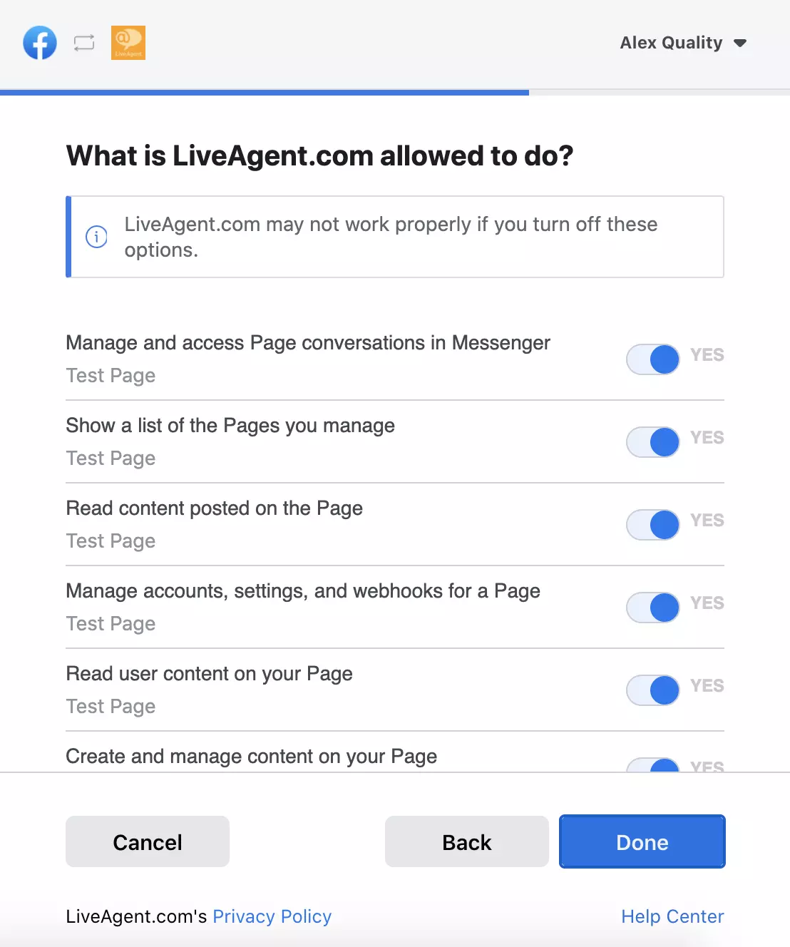 قائمة الصلاحيات التي توضح البيانات التي يمكن لـ LiveAgent الوصول إليها