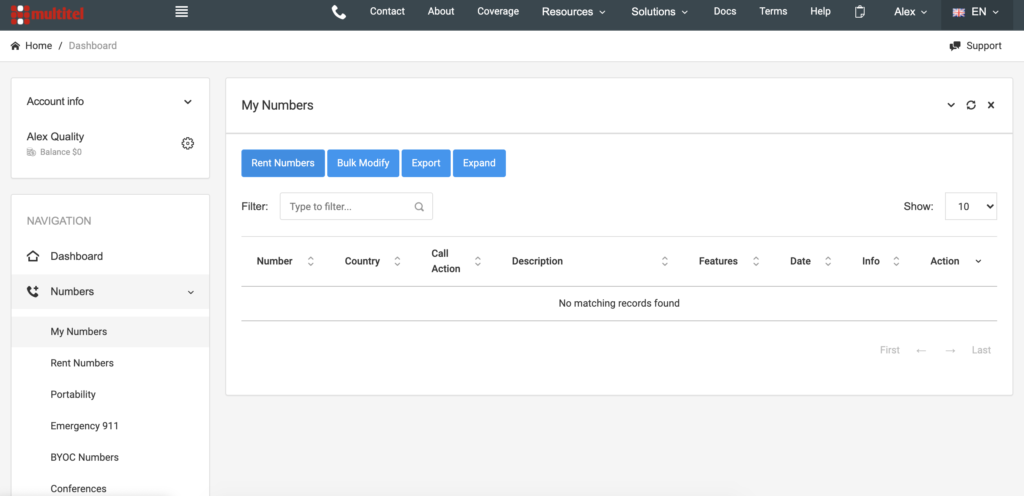 لوحة تحكم MultiTEL مع خيارات الأرقام