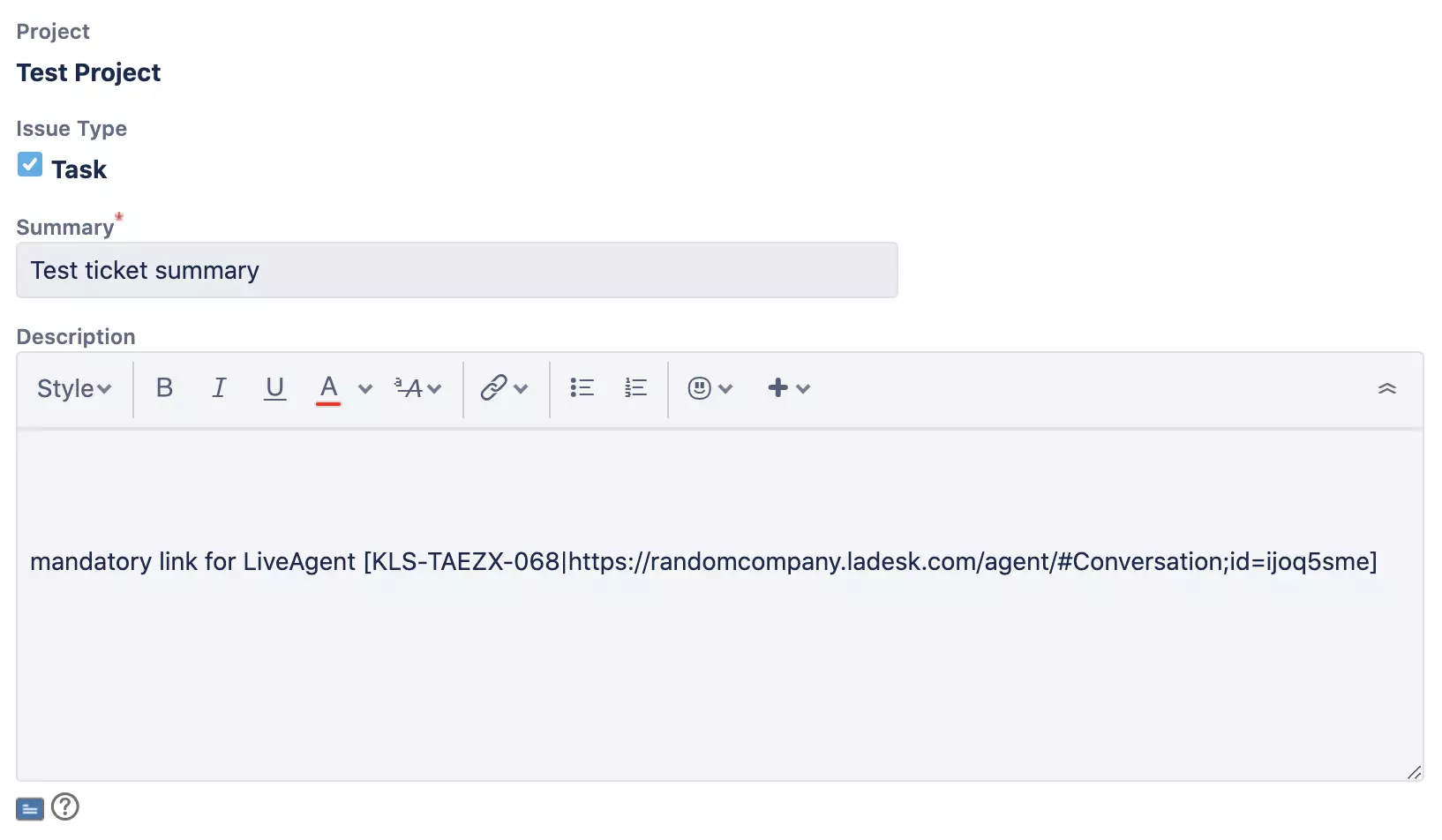 نافذة Jira جديدة مع إنشاء ووصف المشكلة الجديدة