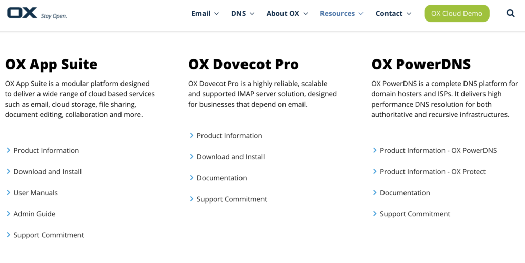 موقع Open-Xchange مع خيارات التنزيل والأدلة