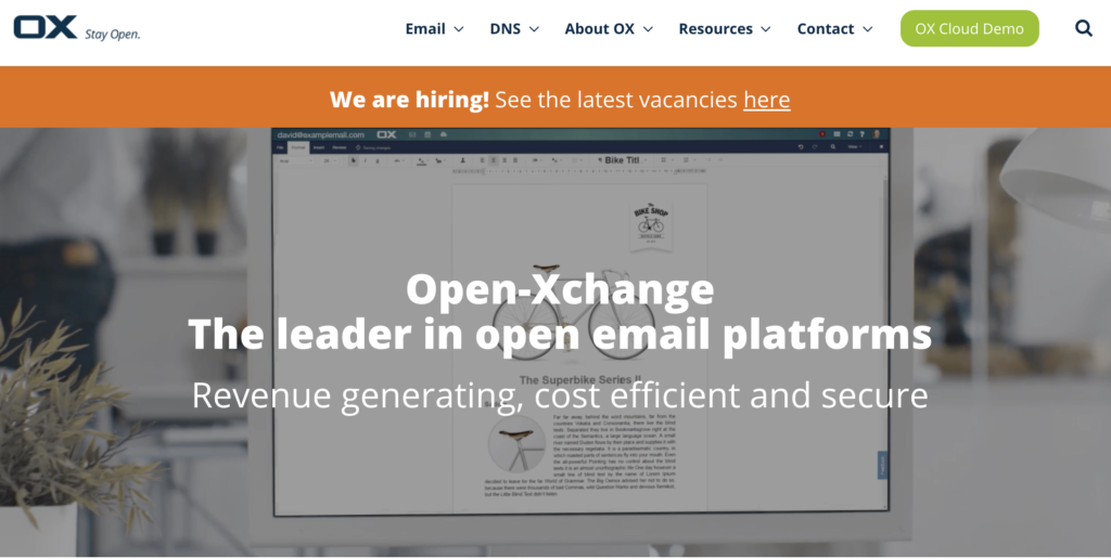 صفحة Open-Xchange الرئيسية مع الفوائد